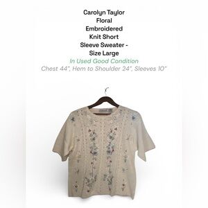 Carolyn Taylor Cream Knit Sweater Floral Embroidery Short Sleeve Size L